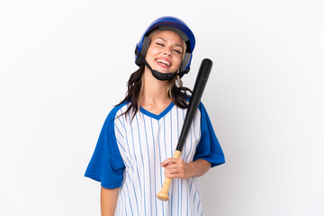 Baseball Russian girl player with helmet and bat isolated on white background laughing