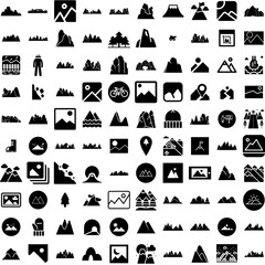 Collection Of 100 Mountain Icons Set Isolated Solid Silhouette Icons Including Outdoor, Nature, Mountain, Background, Peak, Travel, Landscape Infographic Elements Vector Illustration Logo