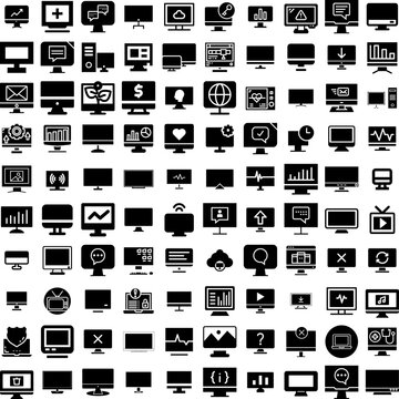 Collection Of 100 Monitor Icons Set Isolated Solid Silhouette Icons Including Business, Screen, Display, Technology, Computer, Isolated, Monitor Infographic Elements Vector Illustration Logo