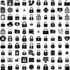 Collection Of 100 Padlock Icons Set Isolated Solid Silhouette Icons Including Privacy, Safe, Lock, Protection, Secure, Padlock, Safety Infographic Elements Vector Illustration Logo