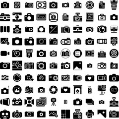 Collection Of 100 Photography Icons Set Isolated Solid Silhouette Icons Including Photographer, Camera, Equipment, Photography, Lens, Technology, Photo Infographic Elements Vector Illustration Logo