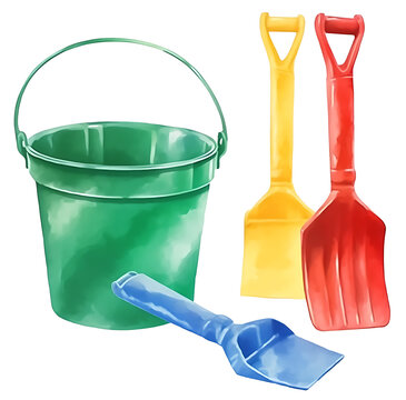 Toy, watercolor, green bucket with sandbox shovels. Watercolor toys for playing in the sand. Isolated on a transparent background. KI.