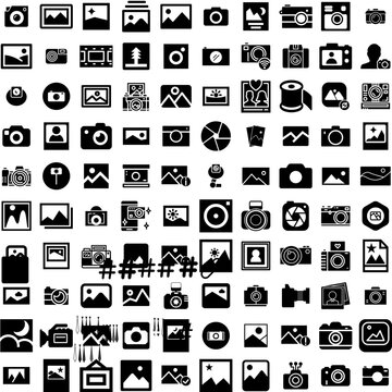 Collection Of 100 Photograph Icons Set Isolated Solid Silhouette Icons Including Photograph, Photo, Design, Photography, Picture, Camera, Background Infographic Elements Vector Illustration Logo