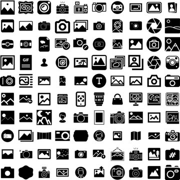 Collection Of 100 Picture Icons Set Isolated Solid Silhouette Icons Including Frame, Blank, Photo, Picture, Empty, Background, Art Infographic Elements Vector Illustration Logo