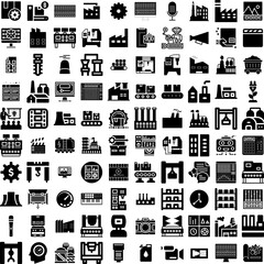 Collection Of 100 Production Icons Set Isolated Solid Silhouette Icons Including Work, Background, Technology, Set, Industry, Equipment, Production Infographic Elements Vector Illustration Logo