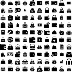 Collection Of 100 Purse Icons Set Isolated Solid Silhouette Icons Including Woman, Purse, Handbag, Background, Female, Bag, Fashion Infographic Elements Vector Illustration Logo
