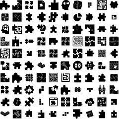 Collection Of 100 Puzzle Icons Set Isolated Solid Silhouette Icons Including Business, Illustration, Solution, Vector, Puzzle, Jigsaw, Piece Infographic Elements Vector Illustration Logo