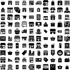 Collection Of 100 Retail Icons Set Isolated Solid Silhouette Icons Including Service, Shop, Retail, Technology, Digital, Business, Store Infographic Elements Vector Illustration Logo