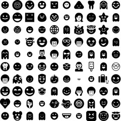 Collection Of 100 Smile Icons Set Isolated Solid Silhouette Icons Including Cheerful, Smile, Young, Isolated, Woman, Happy, Face Infographic Elements Vector Illustration Logo