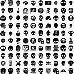 Collection Of 100 Skull Icons Set Isolated Solid Silhouette Icons Including Death, Skeleton, Skull, Horror, Human, Dead, Bone Infographic Elements Vector Illustration Logo