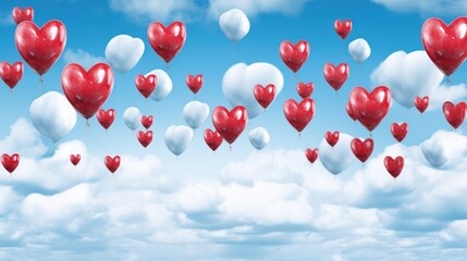 Fototapeta na wymiar holiday background - greeting card with balloons heart shape in the sky. love and celebration. valentine's day card balloons with red heart. Generative AI 