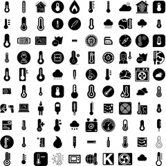 Collection Of 100 Temperature Icons Set Isolated Solid Silhouette Icons Including Icon, Temperature, Thermometer, Heat, Sign, Measurement, Hot Infographic Elements Vector Illustration Logo