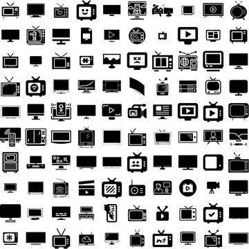 Collection Of 100 Television Icons Set Isolated Solid Silhouette Icons Including Entertainment, Television, Tv, Technology, Display, Video, Screen Infographic Elements Vector Illustration Logo