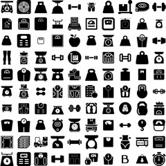 Collection Of 100 Weight Icons Set Isolated Solid Silhouette Icons Including Body, Fit, Health, Weight, Loss, Diet, Fitness Infographic Elements Vector Illustration Logo