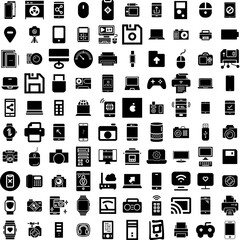 Collection Of 100 Device Icons Set Isolated Solid Silhouette Icons Including Technology, Screen, Computer, Tablet, Phone, Mobile, Digital Infographic Elements Vector Illustration Logo