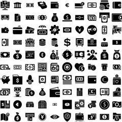 Collection Of 100 Money Icons Set Isolated Solid Silhouette Icons Including Money, Finance, Cash, Payment, Business, Dollar, Currency Infographic Elements Vector Illustration Logo