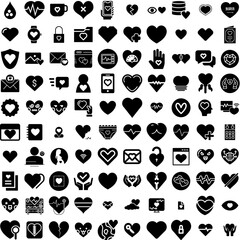 Collection Of 100 Heart Icons Set Isolated Solid Silhouette Icons Including Love, Heart, Valentine, Background, Icon, Vector, Symbol Infographic Elements Vector Illustration Logo