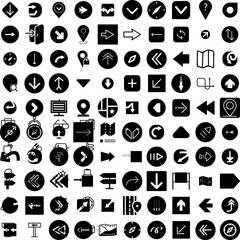 Collection Of 100 Direction Icons Set Isolated Solid Silhouette Icons Including Sign, Direction, Illustration, Arrow, Background, Symbol, Vector Infographic Elements Vector Illustration Logo