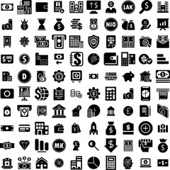 Collection Of 100 Finance Icons Set Isolated Solid Silhouette Icons Including Finance, Financial, Economy, Investment, Money, Business, Growth Infographic Elements Vector Illustration Logo