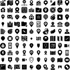Collection Of 100 Location Icons Set Isolated Solid Silhouette Icons Including Place, Icon, Symbol, Sign, Pin, Vector, Location Infographic Elements Vector Illustration Logo