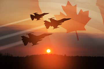 Air Force Day. Aircraft silhouettes on background of sunset with a transparent Canadian flag. Since...