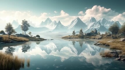 Mountain landscape with lake and reflection in water, Digital illustration, generative Ai