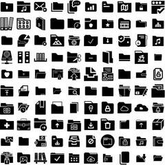 Collection Of 100 Folder Icons Set Isolated Solid Silhouette Icons Including Paper, Folder, Document, Open, Business, Design, File Infographic Elements Vector Illustration Logo