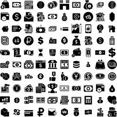 Collection Of 100 Money Icons Set Isolated Solid Silhouette Icons Including Cash, Finance, Business, Dollar, Money, Currency, Payment Infographic Elements Vector Illustration Logo