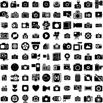 Collection Of 100 Camera Icons Set Isolated Solid Silhouette Icons Including Camera, Photography, Photo, Lens, Illustration, Digital, Equipment Infographic Elements Vector Illustration Logo