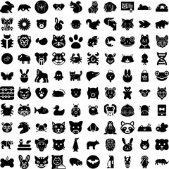 Collection Of 100 Animal Icons Set Isolated Solid Silhouette Icons Including Illustration, Character, Animal, Set, Wildlife, Cartoon, Cute Infographic Elements Vector Illustration Logo