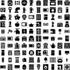 Collection Of 100 Appliance Icons Set Isolated Solid Silhouette Icons Including Home, Set, Domestic, Equipment, Kitchen, Refrigerator, Household Infographic Elements Vector Illustration Logo