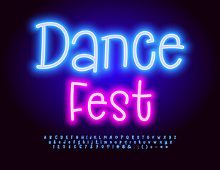 Vector playful poster Dance Fest. Funny Neon Font. Bright Glowing Alphabet Letters, Numbers and Symbols