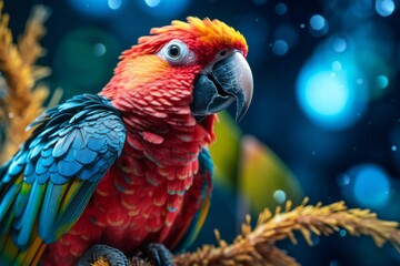 Colorful macaw parrot on bokeh background, Close up and soft focus, generative Ai