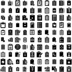 Collection Of 100 Clipboard Icons Set Isolated Solid Silhouette Icons Including Office, Note, Checklist, Clipboard, Paper, Board, Document Infographic Elements Vector Illustration Logo