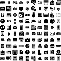 Collection Of 100 Electronic Icons Set Isolated Solid Silhouette Icons Including Equipment, Digital, Device, Computer, Electronics, Technology, Electronic Infographic Elements Vector Illustration Logo
