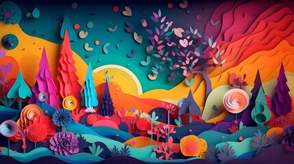 Obraz na płótnie Canvas Paper craft whimsical fantasy landscape with gradient fade colors. 3D abstract background with paper cut shapes. Colorful carving art. Ai generative