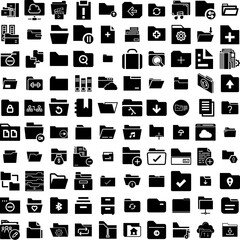 Collection Of 100 Folder Icons Set Isolated Solid Silhouette Icons Including Open, Paper, Folder, Document, Design, File, Business Infographic Elements Vector Illustration Logo