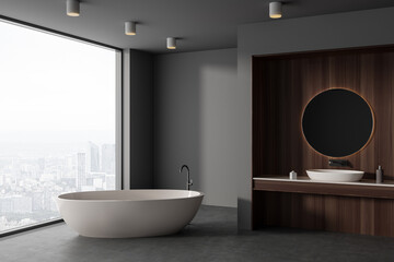 Naklejka na ściany i meble Gray and wooden bathroom corner with tub and sink