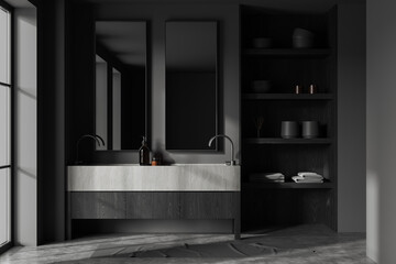 Dark gray bathroom interior with double sink and shelves
