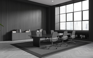 Gray and wooden meeting room corner