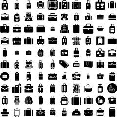 Collection Of 100 Luggage Icons Set Isolated Solid Silhouette Icons Including Vacation, Luggage, Bag, Journey, Baggage, Suitcase, Travel Infographic Elements Vector Illustration Logo