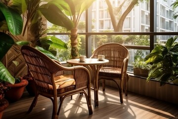 Fototapeta na wymiar Luxury Tropical Cafe with Wooden Table and Rattan Chair, Generative Ai.