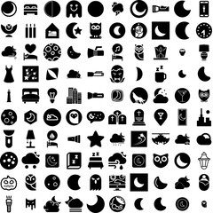 Collection Of 100 Night Icons Set Isolated Solid Silhouette Icons Including Star, Background, Blue, Sky, Dark, Light, Night Infographic Elements Vector Illustration Logo