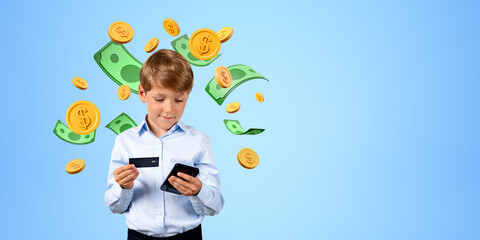 Little boy with smartphone, credit card and dollar bills and coins