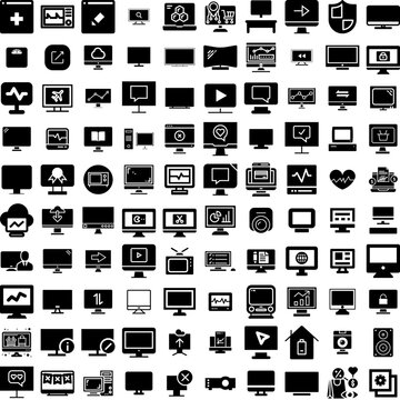 Collection Of 100 Monitor Icons Set Isolated Solid Silhouette Icons Including Screen, Business, Technology, Computer, Isolated, Monitor, Display Infographic Elements Vector Illustration Logo