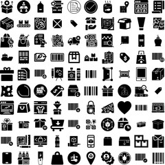 Collection Of 100 Product Icons Set Isolated Solid Silhouette Icons Including 3D, Abstract, Background, Podium, Minimal, Product, Display Infographic Elements Vector Illustration Logo