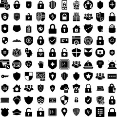 Collection Of 100 Protect Icons Set Isolated Solid Silhouette Icons Including Safety, Secure, Protection, Concept, Shield, Protect, Technology Infographic Elements Vector Illustration Logo