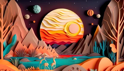 Wall murals orange glow Paper craft whimsical fantasy landscape with gradient fade colors. 3D abstract background with paper cut shapes. Colorful carving art. Ai generative