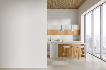 Kitchen interior with dining and cooking area, window and mockup empty wall