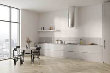 Stylish kitchen interior with dinner table, kitchenware and shelves